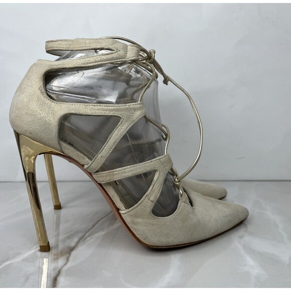 STUART WEITZMAN Excite Gold Suede Pumps Ulta Hi Stiletto Heels Leather Sz 7.5 M - Picture 4 of 15